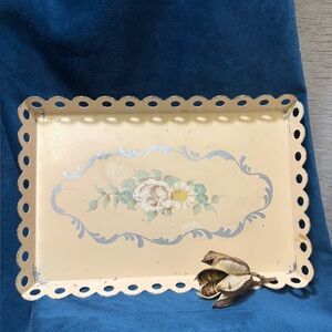 Vintage Hand-Painted “ Toleware” Floral Cream/Peach Decorative Tray